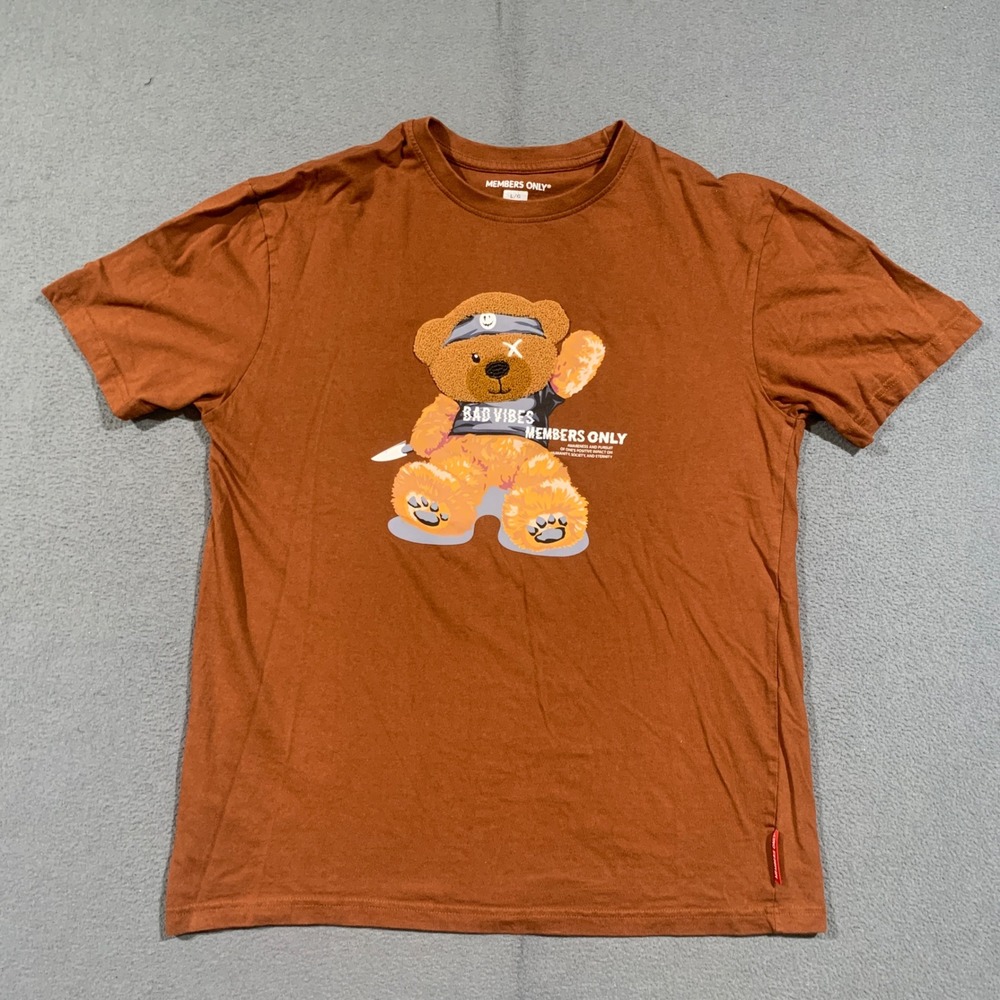 Members Only T Shirt Mens Large L Bad Vibes Bear Chenille Patch Rust Brown Tee